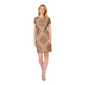 PAPELL STUDIO Womens Beige Lined Short Sleeve Short Evening Sheath Dress 2